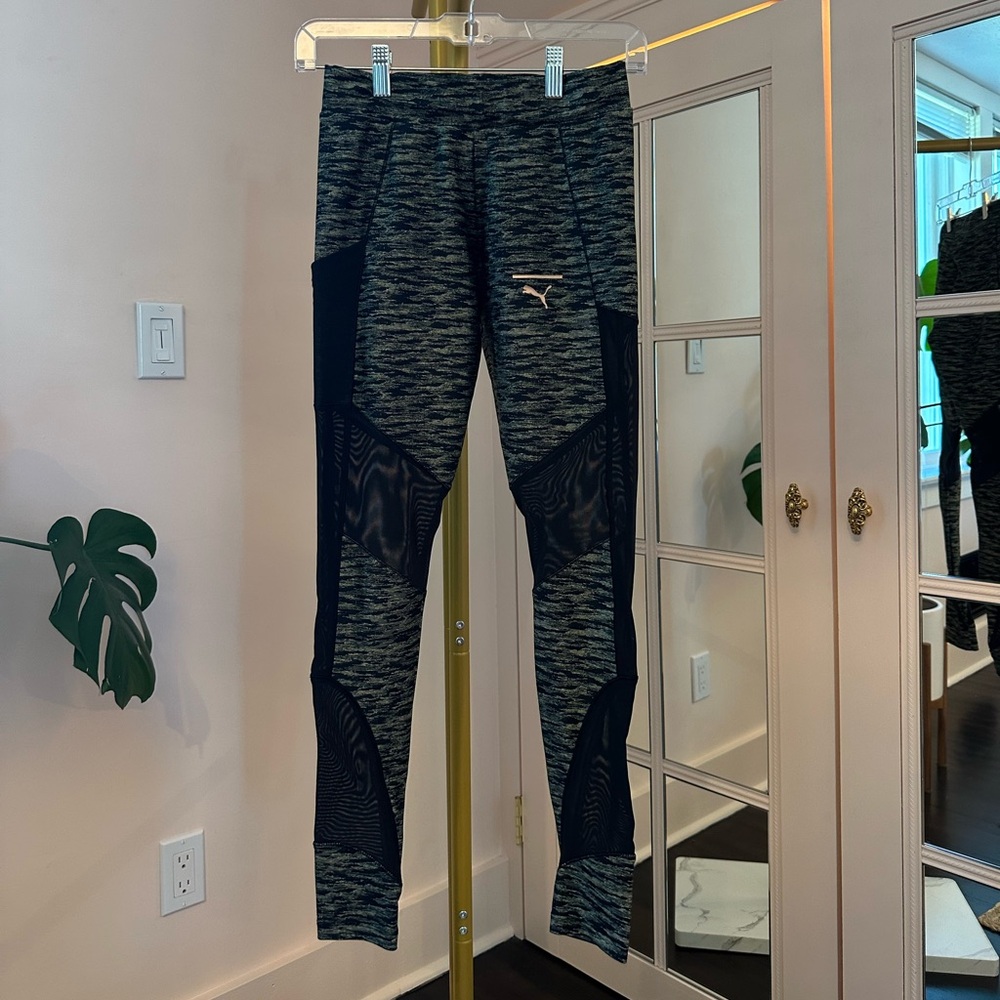 Puma Green & Black Leggings with Mesh Cutouts